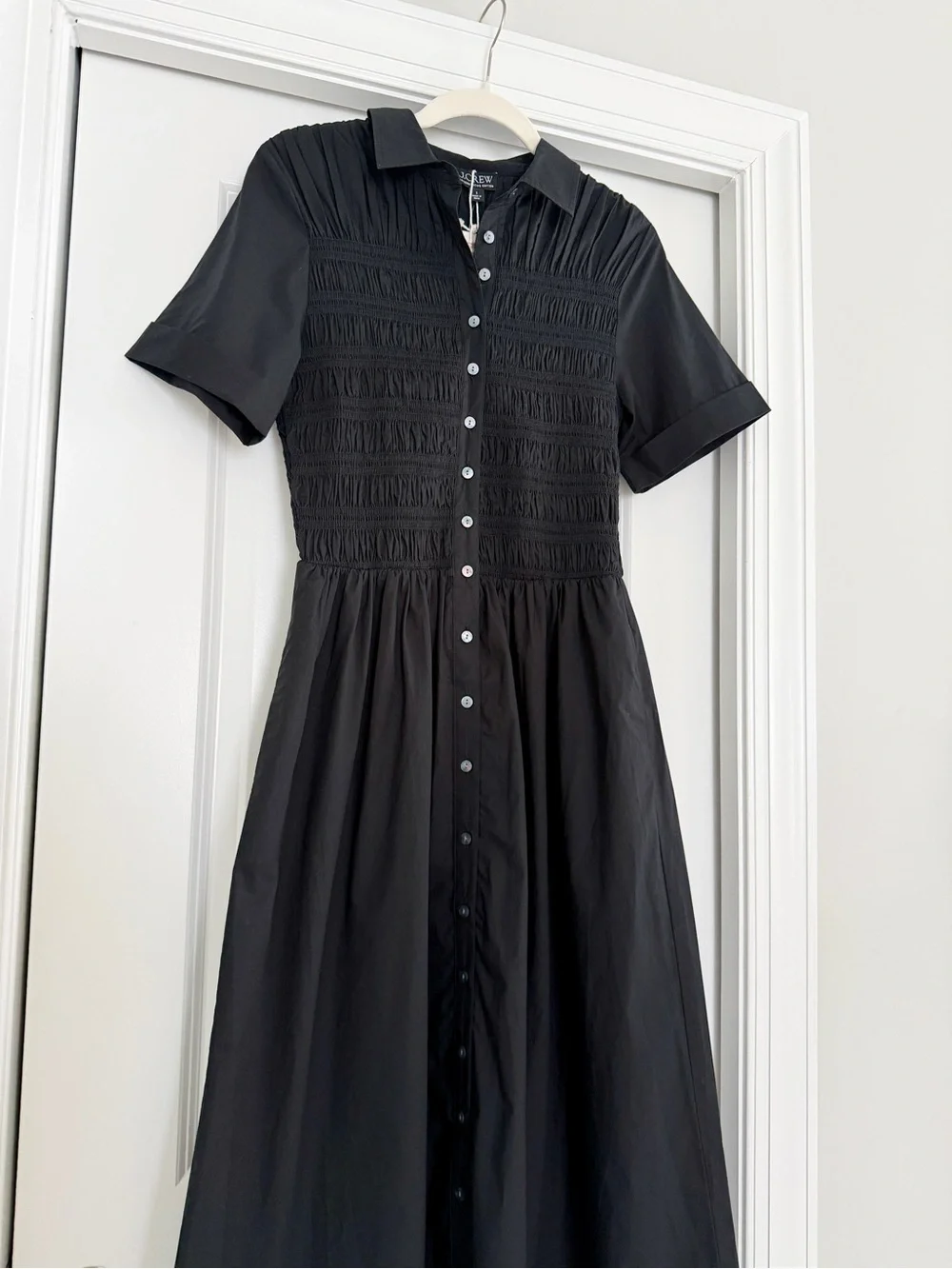 J. Crew Elsie Black Button-Front Smocked Midi Cotton Dress